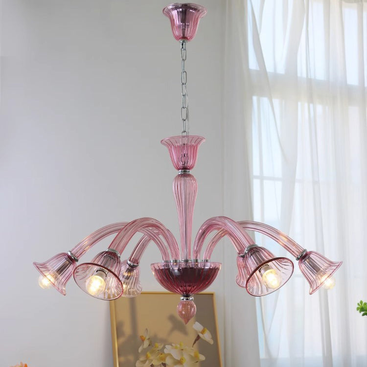 Traditional French Glass & Iron Trumpet Branch 6-Light Chandelier For Living Room & Bedroom