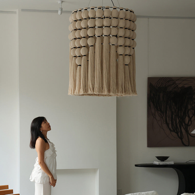 Contemporary Boho Alloy & Cotton Round Tassel 3-Light Chandelier For Bedroom, Living Room & Dining Room