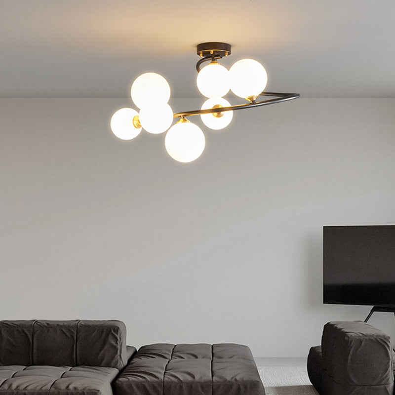 Contemporary Nordic Iron & Glass Curved Round 4/5/7-Light Semi-Flush Mount Ceiling Light For Bedroom & Living Room