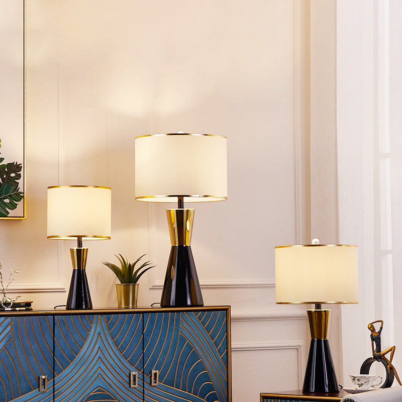 Contemporary Nordic Ceramic & Fabric Round 1-Light Table Lamp For Bedroom & Living Room