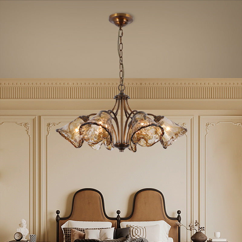 Traditional Vintage Copper & Glass Cone Branch 6/8-Light Chandelier For Dining Room, Living Room And Bedroom
