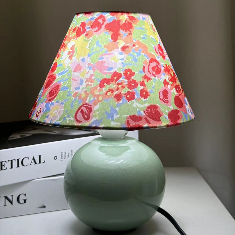 Modern Art Deco Ceramic & Fabric Round 1-Light Table Lamp For Bedroom & Living Room