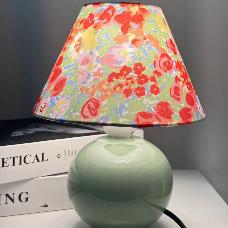 Modern Art Deco Ceramic & Fabric Round 1-Light Table Lamp For Bedroom & Living Room