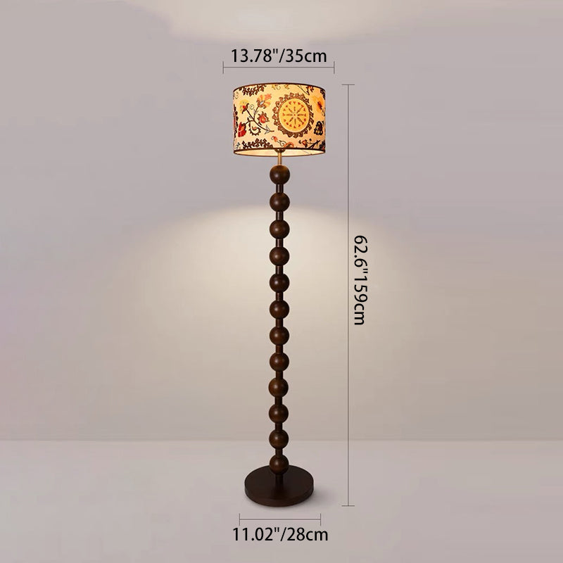 Traditional Vintage Wood & Fabric Round 1-Light Standing Floor Lamp For Bedroom & Living Room