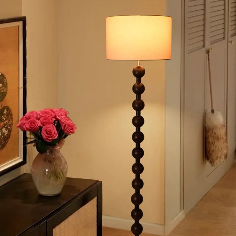 Traditional Vintage Wood & Fabric Round 1-Light Standing Floor Lamp For Bedroom & Living Room