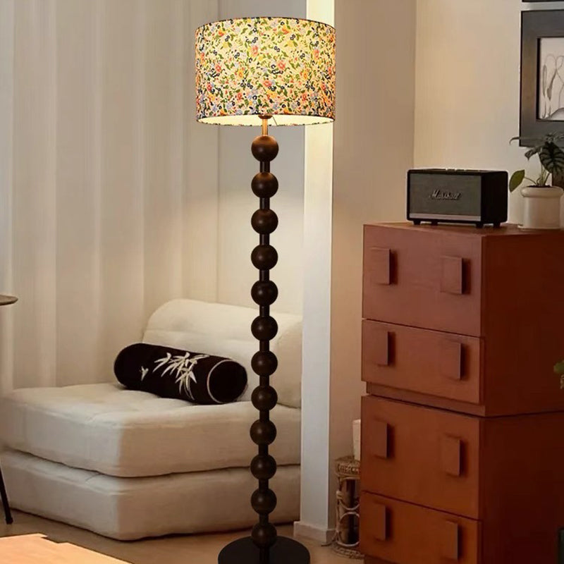 Traditional Vintage Wood & Fabric Round 1-Light Standing Floor Lamp For Bedroom & Living Room