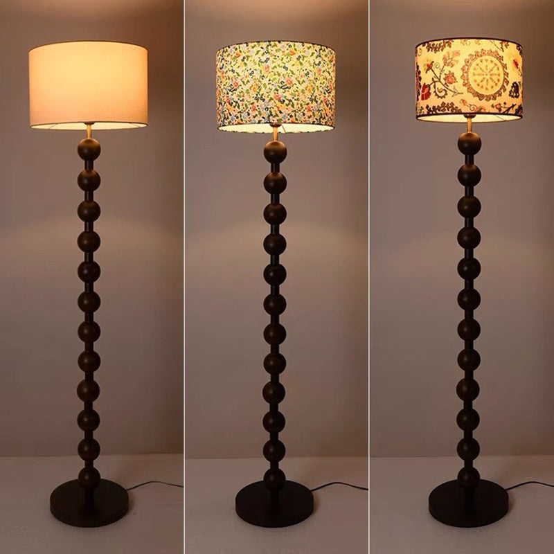 Traditional Vintage Wood & Fabric Round 1-Light Standing Floor Lamp For Bedroom & Living Room