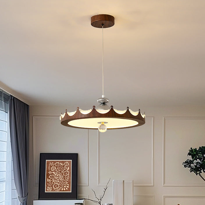 Traditional Vintage Iron Acrylic Crown Round LED Pendant Light For Bedroom & Living Room