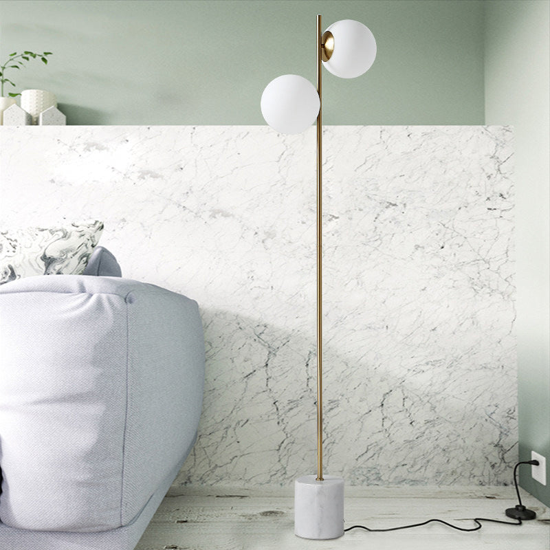 Contemporary Nordic Marble Metal & Glass Round 2-Light Standing Floor Lamp For Living Room & Bedroom