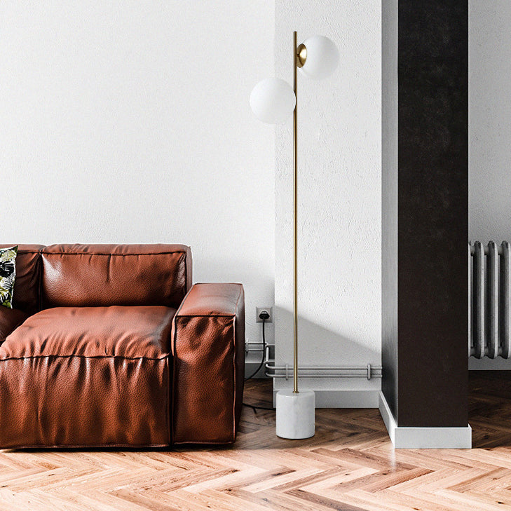 Contemporary Nordic Marble Metal & Glass Round 2-Light Standing Floor Lamp For Living Room & Bedroom