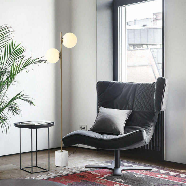 Contemporary Nordic Marble Metal & Glass Round 2-Light Standing Floor Lamp For Living Room & Bedroom