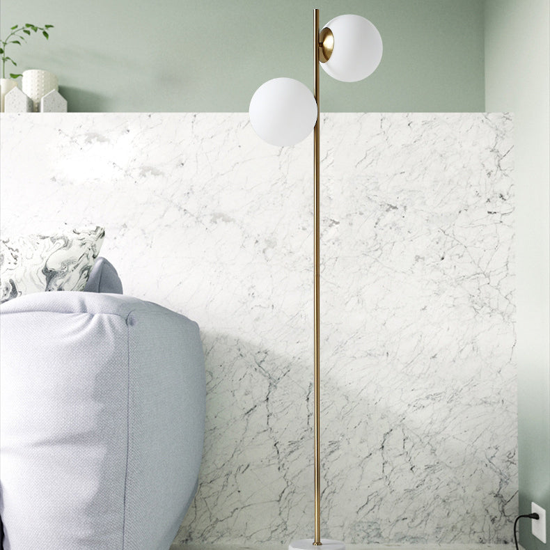 Contemporary Nordic Marble Metal & Glass Round 2-Light Standing Floor Lamp For Living Room & Bedroom