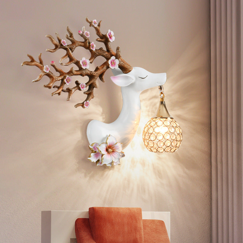 Modern Art Deco Resin Crystal Deer Head Shape 1-Light Wall Sconce Lamp For Living Room & Bedroom