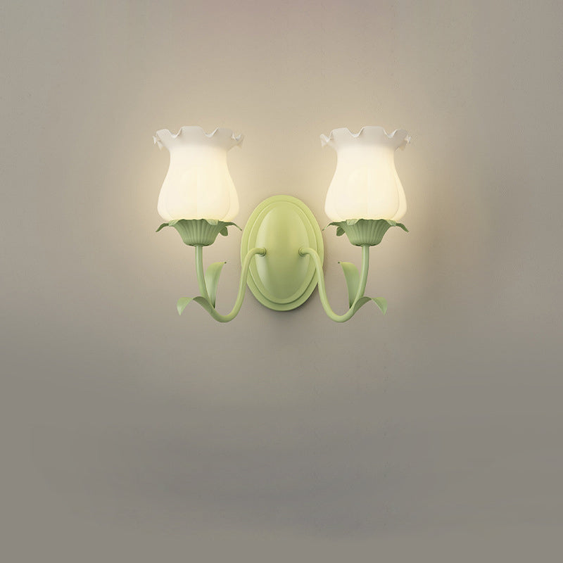 Traditional French Glass Iron Flower Leaf 1/2 Light LED Wall Sconce Lamp For Bedroom & Living Room