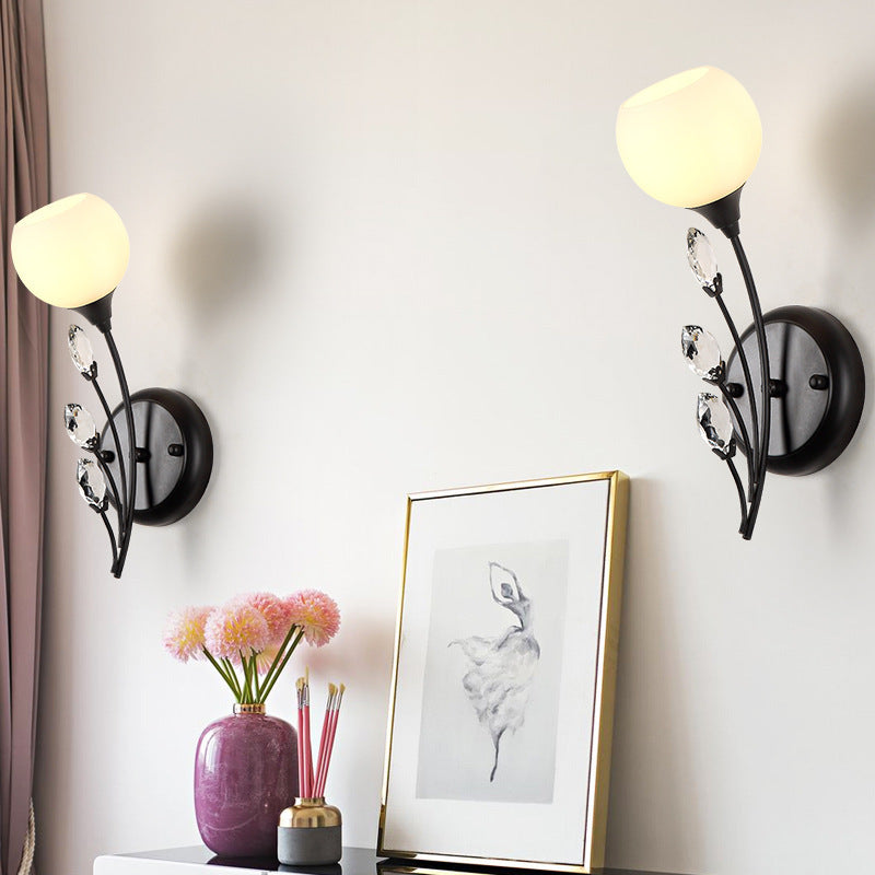 Traditional Farmhouse Glass Crystal Iron Round Leaf 1/2-Light Wall Sconce Lamp For Bedroom And Living Room