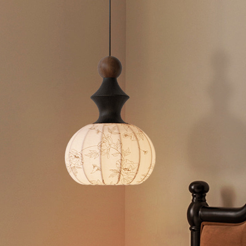 Traditional Vintage Silk Fabric Solid Wood Metal Round Pendant Light 1-Light For Bedroom & Living Room