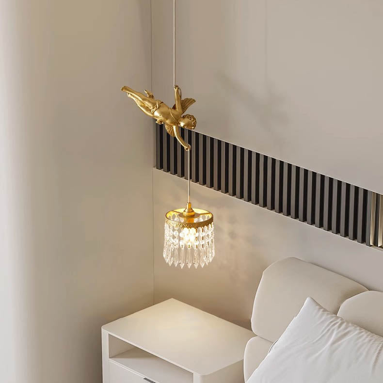 Traditional French Crystal Copper Angel Round 1-Light Pendant Light For Living Room & Dining Room