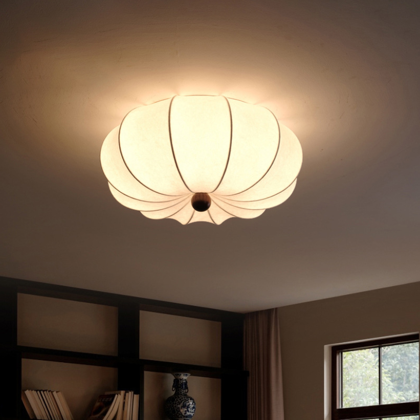Traditional Chinese Silk Wood Pumpkin-Shaped LED Flush Mount Ceiling Light For Bedroom & Living Room
