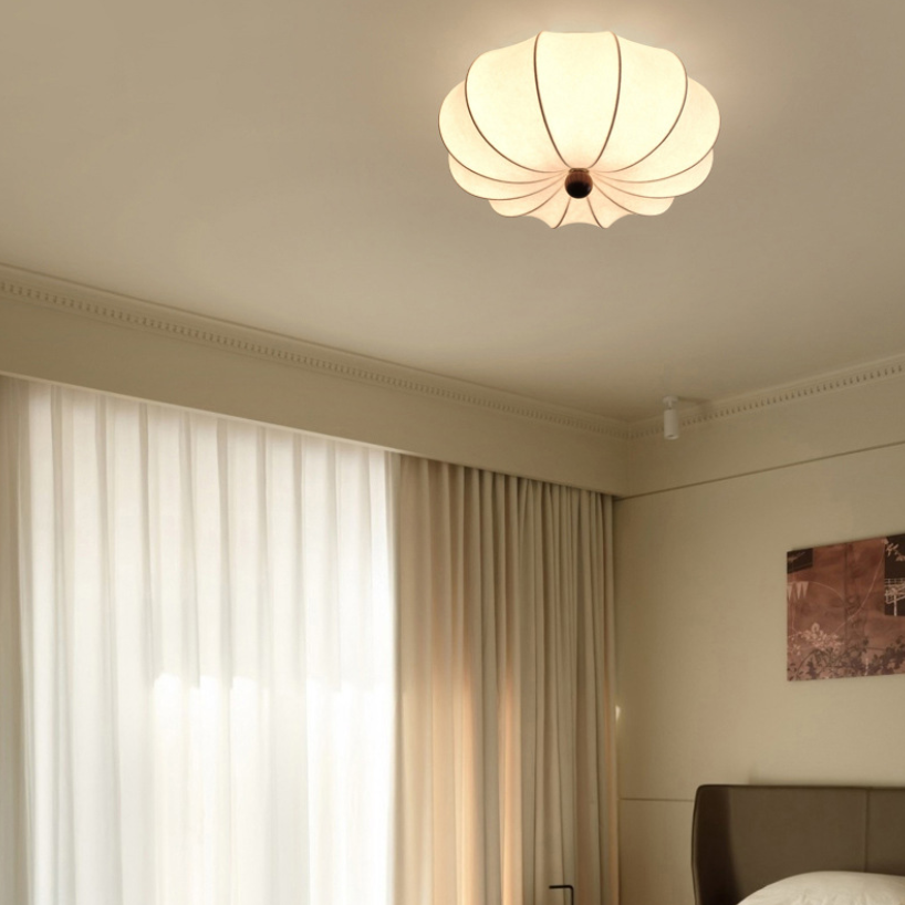Traditional Chinese Silk Wood Pumpkin-Shaped LED Flush Mount Ceiling Light For Bedroom & Living Room