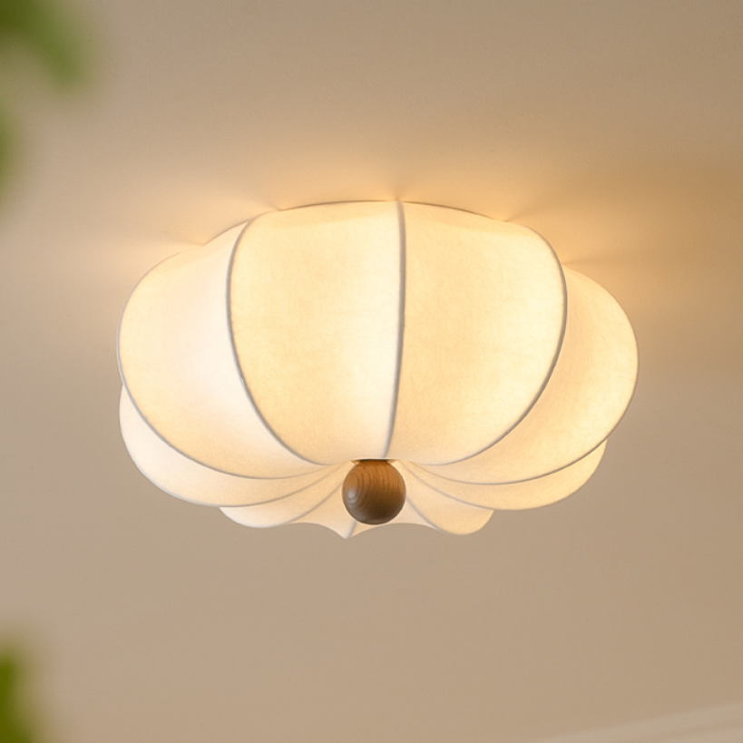 Traditional Chinese Silk Wood Pumpkin-Shaped LED Flush Mount Ceiling Light For Bedroom & Living Room