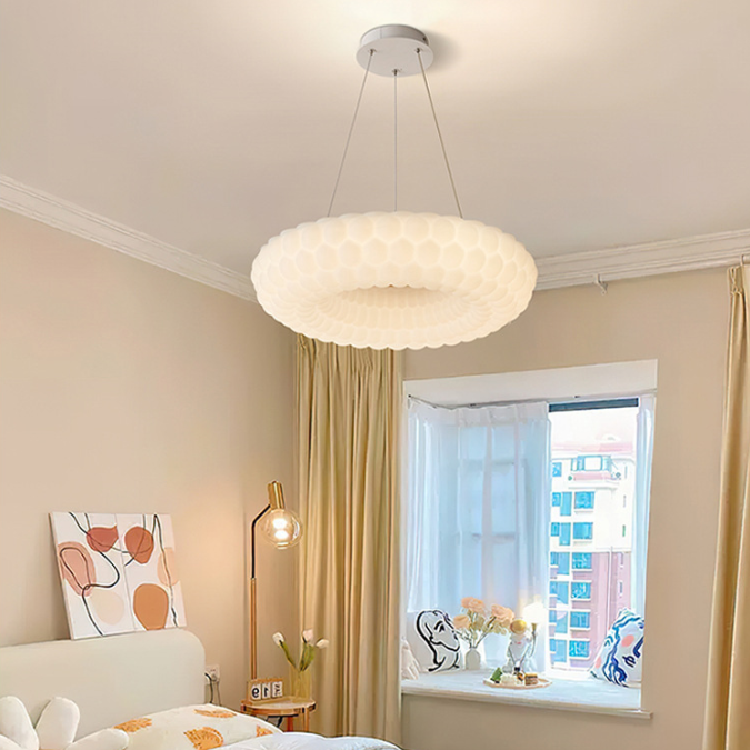 Contemporary Scandinavian PE Ash Wood Textured Round LED Chandelier For Bedroom & Living Room