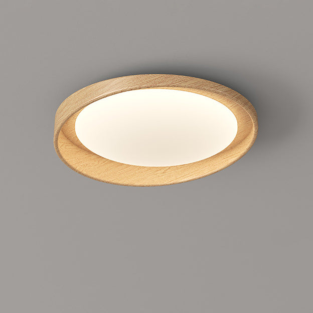 Traditional Vintage Rubber Wood PE Round LED Flush Mount Ceiling Light For Bedroom & Living