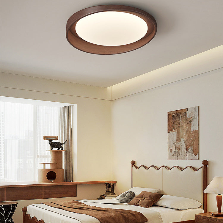 Traditional Vintage Rubber Wood PE Round LED Flush Mount Ceiling Light For Bedroom & Living
