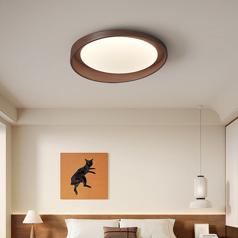 Traditional Vintage Rubber Wood PE Round LED Flush Mount Ceiling Light For Bedroom & Living