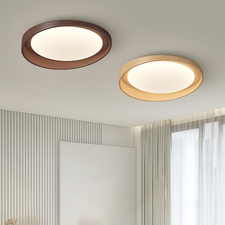 Traditional Vintage Rubber Wood PE Round LED Flush Mount Ceiling Light For Bedroom & Living