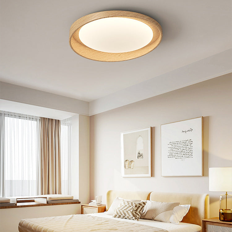 Traditional Vintage Rubber Wood PE Round LED Flush Mount Ceiling Light For Bedroom & Living
