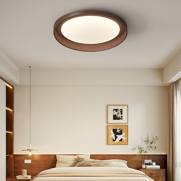 Traditional Vintage Rubber Wood PE Round LED Flush Mount Ceiling Light For Bedroom & Living