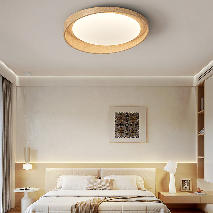 Traditional Vintage Rubber Wood PE Round LED Flush Mount Ceiling Light For Bedroom & Living