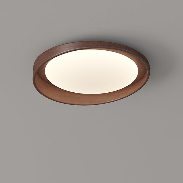 Traditional Vintage Rubber Wood PE Round LED Flush Mount Ceiling Light For Bedroom & Living