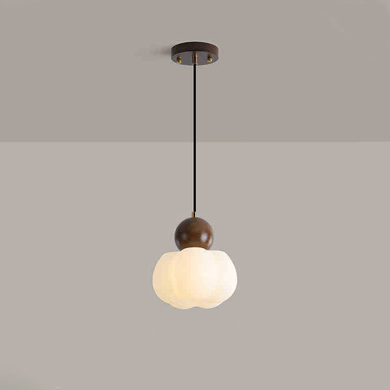 Traditional Japanese PE Metal Rubber Wood Round Pumpkin 1-Light Pendant Light For Bedroom & Living Room