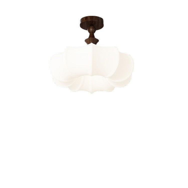 Traditional Chinese Acrylic Wood Pumpkin Round LED Semi-Flush Mount Ceiling Light For Bedroom & Living Room