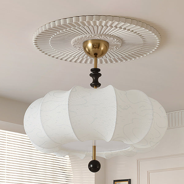 Traditional Chinese Solid Wood Fabric Iron Pumpkin Round 4/5-Light Semi-Flush Mount Ceiling Light For Bedroom & Living Room