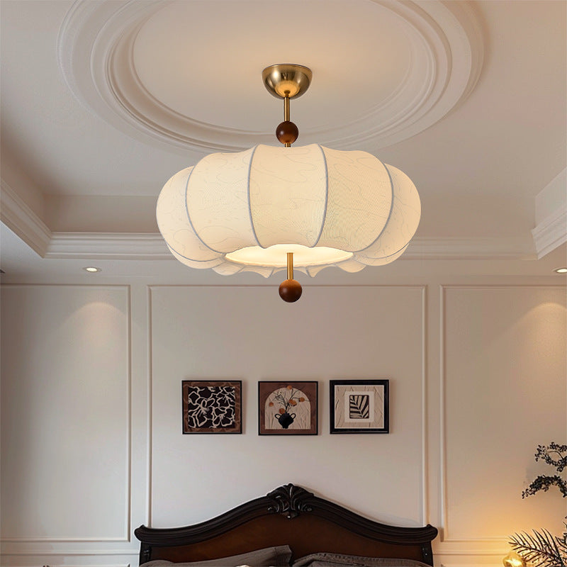 Traditional Chinese Solid Wood Fabric Iron Pumpkin Round 4/5-Light Semi-Flush Mount Ceiling Light For Bedroom & Living Room