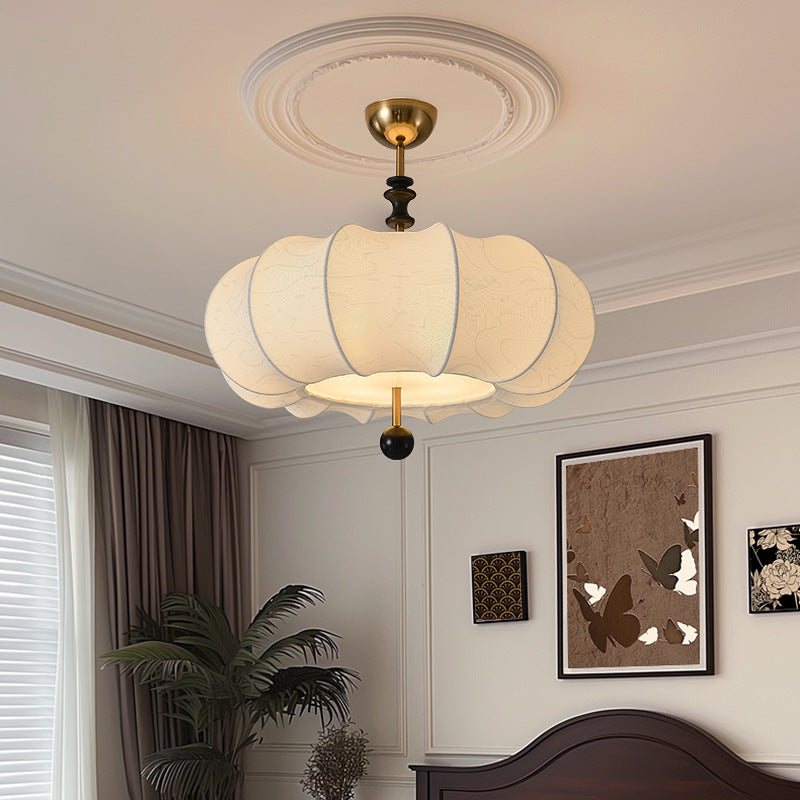 Traditional Chinese Solid Wood Fabric Iron Pumpkin Round 4/5-Light Semi-Flush Mount Ceiling Light For Bedroom & Living Room