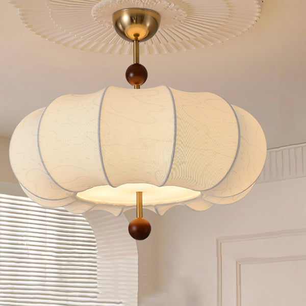 Traditional Chinese Solid Wood Fabric Iron Pumpkin Round 4/5-Light Semi-Flush Mount Ceiling Light For Bedroom & Living Room
