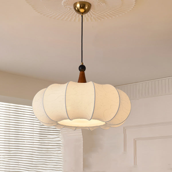 Traditional Chinese Solid Wood Fabric Iron Lantern Pumpkin Round 1/3/4/5-Light Chandelier For Bedroom & Living Room