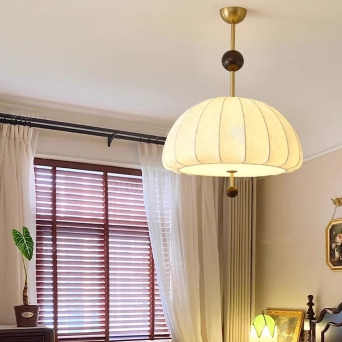 Traditional French Fabric Wood Metal Fan Pattern 3/5-Light Semi-Flush Mount Ceiling Light For Bedroom & Living Room