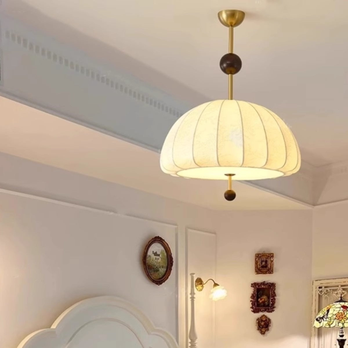 Traditional French Fabric Wood Metal Fan Pattern 3/5-Light Semi-Flush Mount Ceiling Light For Bedroom & Living Room