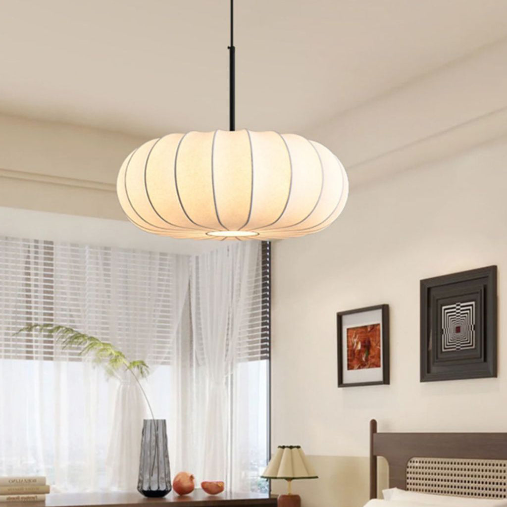 Traditional Japanese Faux Silk Iron Pumpkin Stripe 1/2/3-Light Chandelier For Bedroom & Living Room