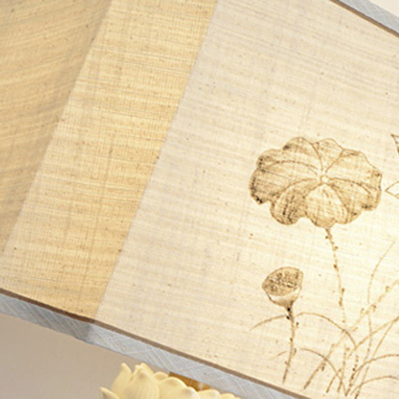 Traditional Chinese Antique Brass Fabric Bird Lotus 1-Light Table Lamp For Bedroom & Living Room