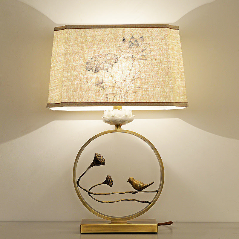 Traditional Chinese Antique Brass Fabric Bird Lotus 1-Light Table Lamp For Bedroom & Living Room