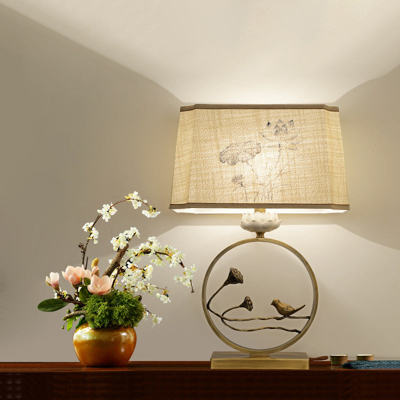 Traditional Chinese Antique Brass Fabric Bird Lotus 1-Light Table Lamp For Bedroom & Living Room