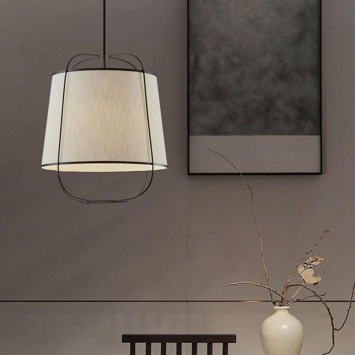 Traditional Chinese Fabric Iron Round Curved 1-Light Pendant Light For Bedroom & Living Room