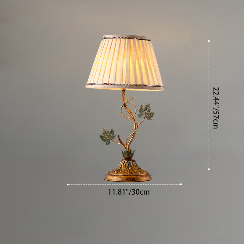Traditional Farmhouse Fabric Iron Leaf Curved Round 1-Light Table Lamp For Bedroom & Living Room