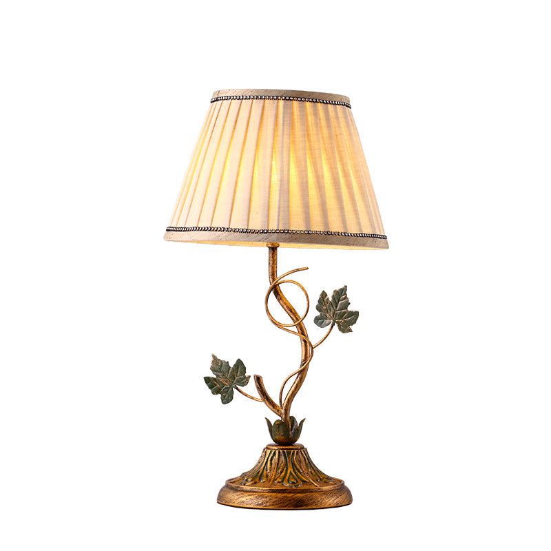 Traditional Farmhouse Fabric Iron Leaf Curved Round 1-Light Table Lamp For Bedroom & Living Room