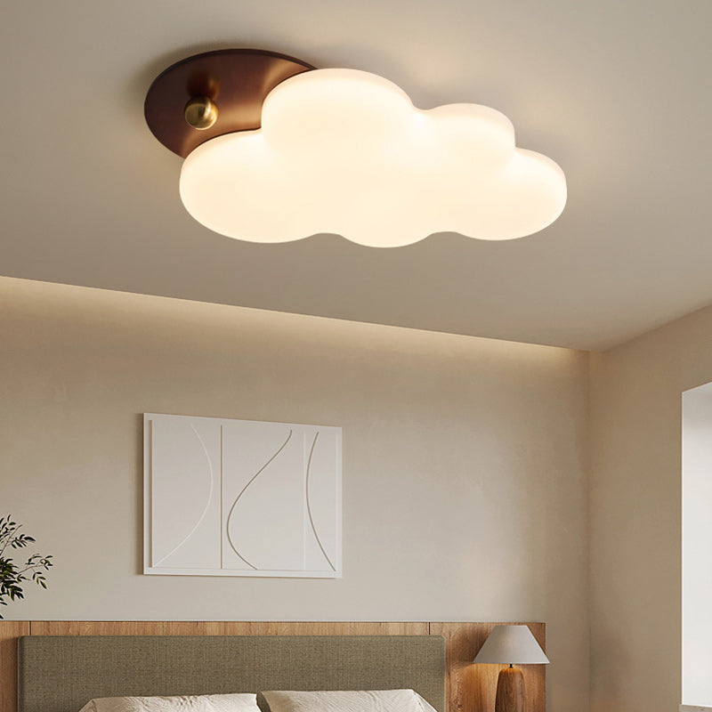 Traditional Vintage PE Rubber Wood Cream Cloud Curved LED Flush Mount Ceiling Light For Bedroom & Living Room